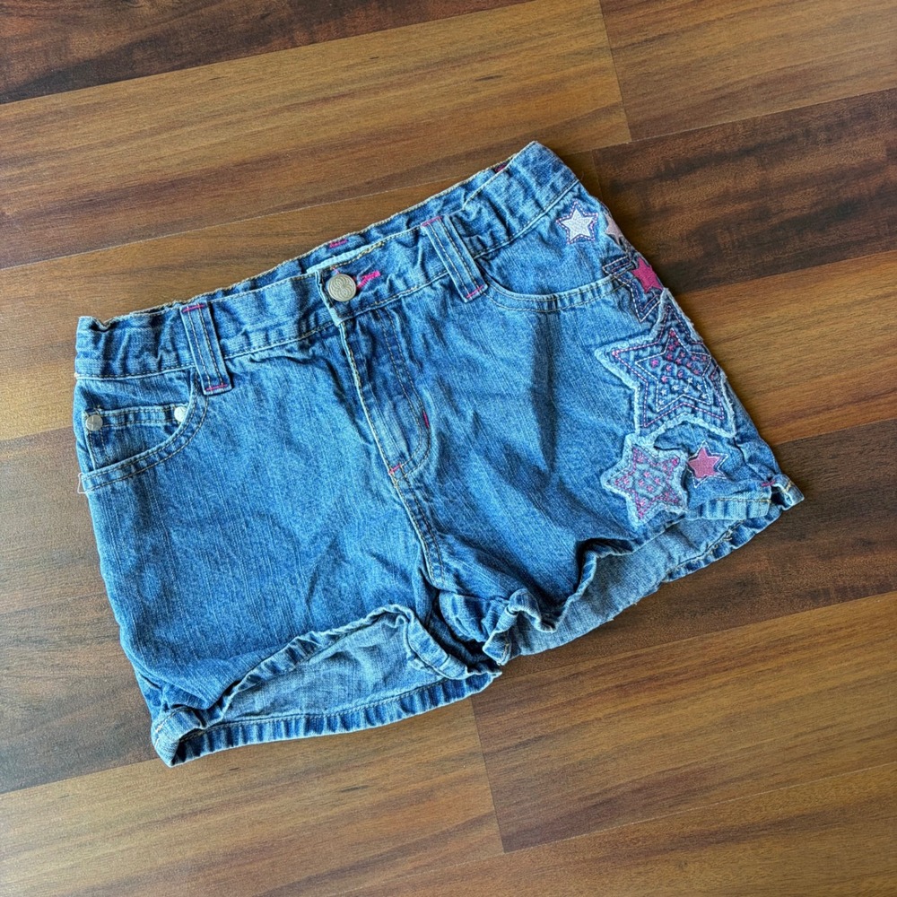 Y2K Girls Blue Denim Star Patch Shorts Pink Contrast Stitching Size L 10/12